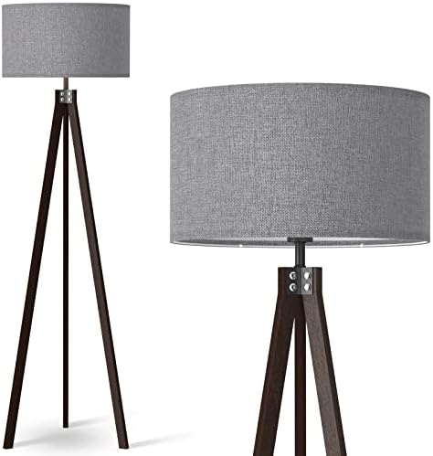 LEPOWER Wood Floor Lamp Tripod, Mid Century Standing Lamp, Modern Design Reading Floor Lamp for Living Room, Bedroom and Office, Flaxen Lamp Shade with E26 Lamp Base