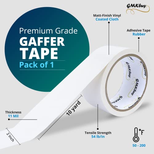 Image of 2 in x 10 Yd White Gaffers Tape - Heavy Duty, Non-Reflective, Easy to Tear, Waterproof Matte Gaffer Stage Tape - Gaff Cloth Tape for Photography, Filming Backdrop & Production