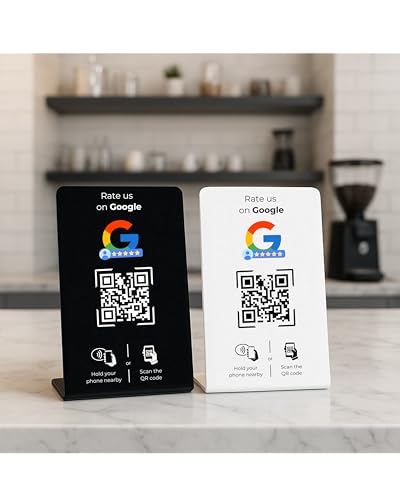 Aufsteller für Google Bewertungen mit QR-Code und NFC-Chip (Englisch) 16,5 x 10,5 cm - weiß