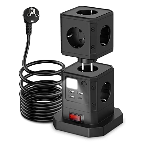 Cubo Enchufes con USB y 9 Tomas , Regleta Enchufes Proteccion Sobretension con 3 USB y 1 Tipo C, Torre Enchufes con Interruptor para Oficina, Casa o Viajes, Cable de 2M Cover