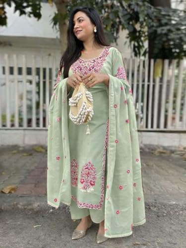 Image of GoSriKi Kurta Sets for Women Viscose Embroidered | Kurta Pant Dupatta Set | Straight Kurti Set for Women | Round Neck 3 /4 Sleeve Ethnic Suit | Designer Indian Kurti Outfit with Pants