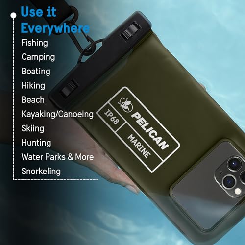 Image of Pelican Marine Waterproof Phone Pouch (Regular) - Olive Green | Touchscreen IP68 Floating Waterproof Phone Case w /Detachable Lanyard - Fits All Phones - Beach Cruise Ship Travel Essentials