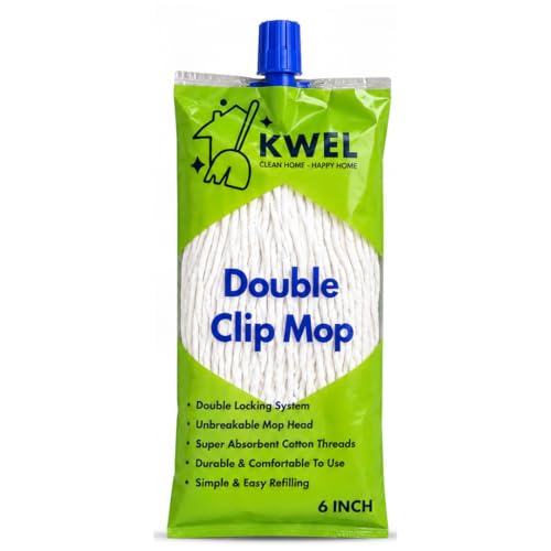Image of KWEL Double Clip Cotton Mop Heavd 6 Inch, 300 GM | Super Absorbent Wet Mop Head Refill for Home, Office & Kitchen Cleaning | Durable Cotton Threads | Pack of 1(White)