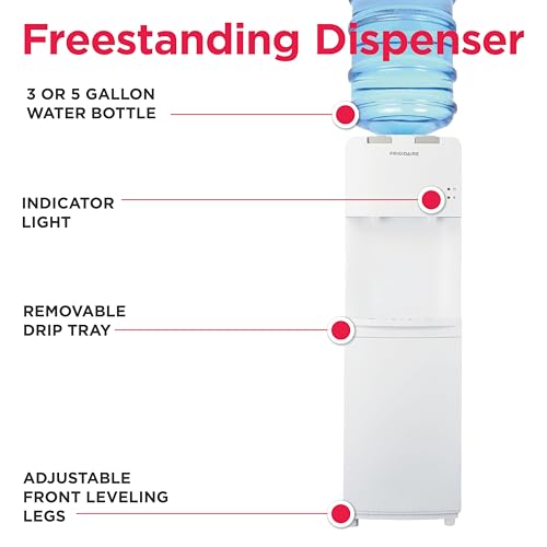 Frigidaire EFWC498, Top Load Hot & Cold Water Cooler Dispenser for Home, Garage, Dorm, RV & Cottage, 3 and 5 Gallon Bottles, 11" D x 11.5" W x 36" H, White
