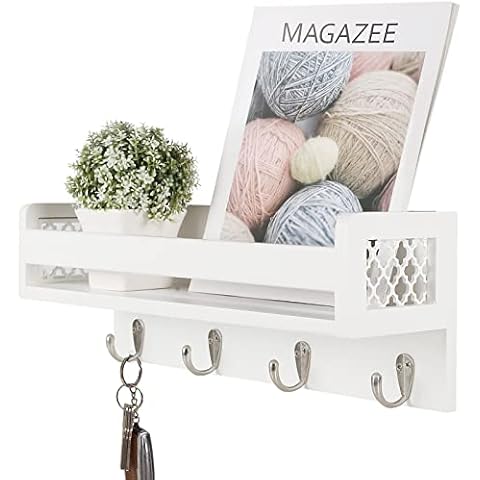 Satauko Wooden Floating Shelves for Kitchen Spice Rack Storage, White Wall Key Holder with 4 Hooks for Entryway Organizer, Wall Mounted Hanging Shelf for Bathroom, Coat Rack Cover