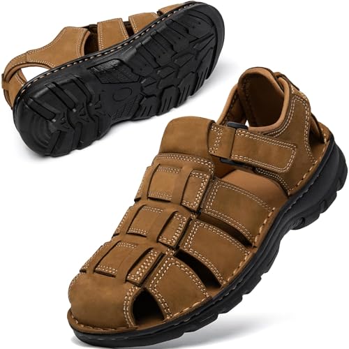 Image of KOIMED Men's Hiking Leather Sandals Closed Toe Water Shoes For Summer Athletic Outdoor Walking Sports Trail River Fishing Wide Adjustable Waterproof Arch Support