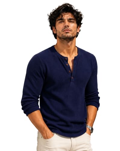 Image of AUSK Men's Waffle Knit Henley T-Shirt | Cotton Blend Full Sleeve Textured Casual T Shirt | Regular Fit Button Placket Round Neck Tshirt for Men