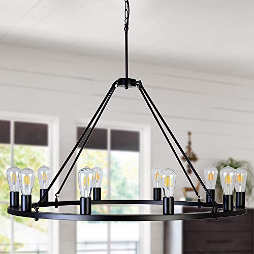 80% Off Discount OSAIRUOS W39'' Vintage Rustic Rod Iron Chandelier Farmhouse Large Wagon Wheel Chandeliers Lighting Fixture Industrial Round Island 10 Lights for Living Room Hotel Church Cafe Shops, Black