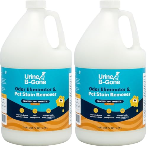 Image of Urine B-Gone, Professional Enzyme Odor Eliminator & Pet Stain Remover, Human, Cat & Dog Urine Cleaner, Effective on Laundry, Carpets & More, Citrus Scent, 1 Gallon (Pack of 2)