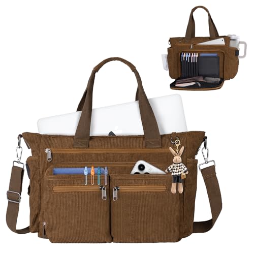 Messenger Bag for College with Laptop Compartments and Zipper Pockets Crossbody Corduroy Teacher Tote Bag for Men and Women
