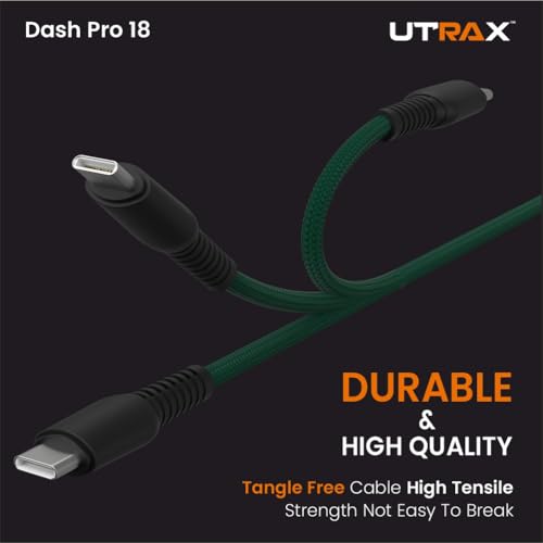 Image of UTRAX 65W Braided USB-A to Type C Fast Charging Cable | Multi-Protocol | Nylon Braided | Compatible with OnePlus, Oppo, Realme, Samsung, Xiaomi & All USB-C Devices (Green)