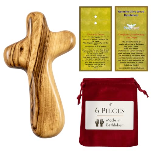 Holy Land Market Olive Wood Comfort Cross | Handmade Holding Cross from Bethlehem Palm Cross Clinging Cross with Velvet Bag & 2 Certificates | 4 Inch x 6