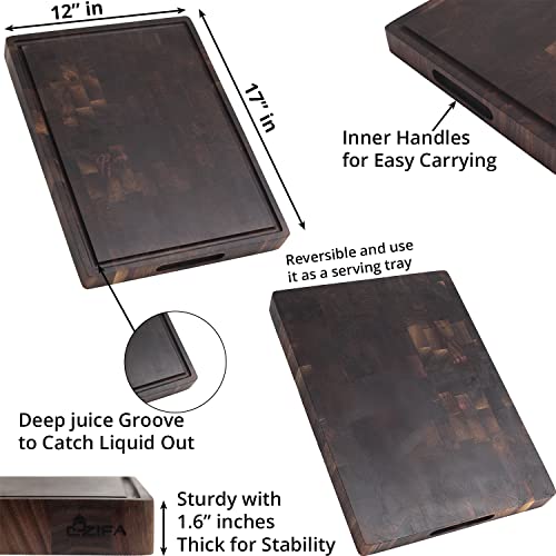 Cozifa End Grain Walnut Wood Butcher Block Cutting Board 17"X12"X1.6" For Kitchen With Juice Groove, Inner Handles, Gift Box Packaging And Finished With Beeswax, Linseed & Lemon Oil #TOP1