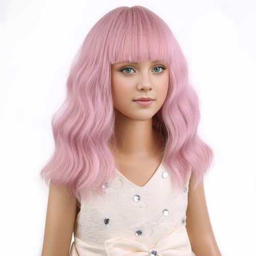 Image of PATTNIUM Pink Wig for Kids with Bangs Girls Short Curly Wavy Wig Child Light Pink Synthetic Hair Wigs