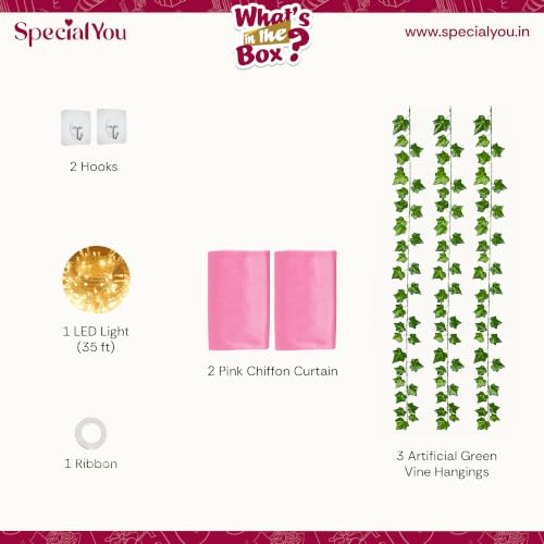 Image of SpecialYou Ganpati Decoration Setup for Home Decor with Pink Backdrop Cloth for Decorations Pooja & Green Vines Wall Decor Items for Living Room, Ganpati Decoration Item- 9Pcs
