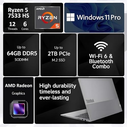 Image of Lenovo ThinkBook 16 Business Laptop, 16 inch FHD+, AMD Ryzen 5 7533HS(Beats i7-1355U), 32GB DDR5 RAM, 2TB PCIe SSD, Thunderbolt 4, Wi-Fi 6E, RJ-45, Windows 11 Pro, WOWPC USB, no Mouse