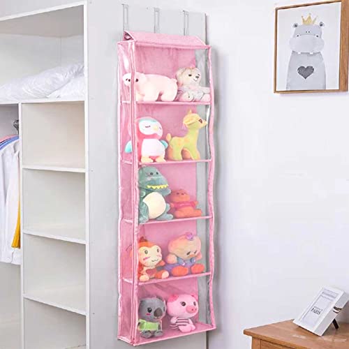 Stuffed Animal Organizer, Hanging Over The Door Stuffed Animal Organizer With 5 Clear Dust-Proof Pocket Organizer For Display Kid's Toys(Pink) #TOP5