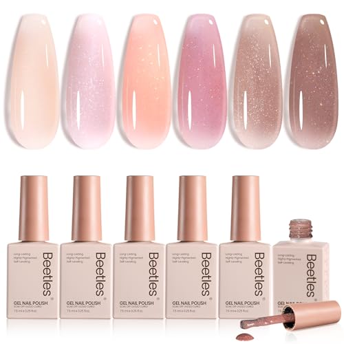 Image of Beetles Jelly Gel Nail Polish Set - 6 Colors Shimmer Gel Polish Kit Glitter Nude Pink Brown Sheer Transparent Effect Soak Off UV Lady with Dreams Collection Gift for Women