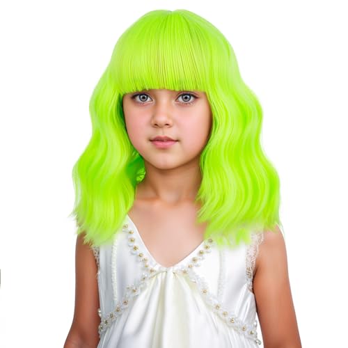 Image of Lime Green Wig Short Neon Green Wavy Curly Wig with Air Bangs Heat Resistant Synthetic Wigs with Cap (Small Size)