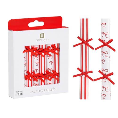Talking Tables 8 x Mini Saucer Christmas Crackers Candy Cane Red & White Jokes, Charades & Conversation Starters Party Xmas Crackers for Christmas Table Decorations 13cm PLASTIC FREE