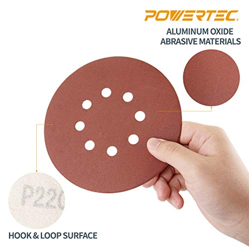 Powertec 45100, 100 Pack, 6"X 8 Holes, A/O Hook & Loop Sanding Disc | 40, 80, 120, 220, 320, Assorted Grits, Red #TOP3