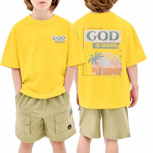 Image of KEEVICI Boys God is Good Shirt Christian Faith Shirts for Kids Jesus Beach Palm Tree Hawaiian Tshirt Graphic Tees Cotton Tops