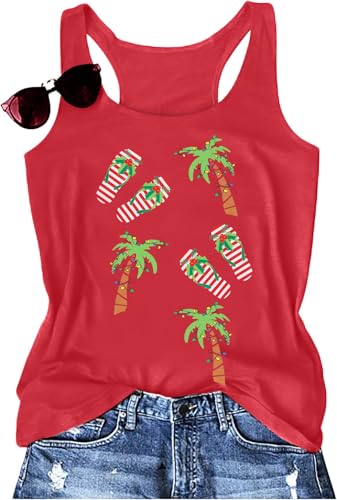 ALLTB Christmas Shirt Women Summer Beach Tank Top Palm Tree Vest Hawaii Xmas Vacation Sleeveless Tops Red
