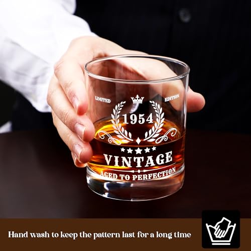 70th Birthday Gifts for Men - Vintage 1954 Whiskey Glass Set, 70 Years Old Anniversary Ideas for Him, Dad, Husband, Include Wood Box, Recipe, Stones, Coaster, Stone Holder, Clamp