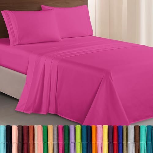 Image of Elegant Comfort Luxurious 1500 Premium Hotel Quality Microfiber Three Line Embroidered Softest 4-Piece Bed Sheet Set, Wrinkle and Fade Resistant, California King, Hot Pink
