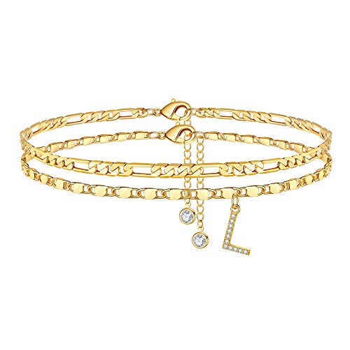Image of Ursteel Ankle Bracelets for Women, 14K-Gold-Plated Dainty Layered Chain CZ Initial Anklets Set Summer Jewelry Gifts for Women