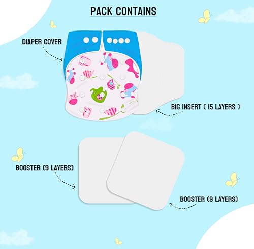 Image of Ambaby Cloth Diapers Pants Quick Dry Comfort GOTS Certified Free Size Button Adjustable, Washable And Reusable Multilayered Cotton Pads And Boosters Animals Themed- Blue