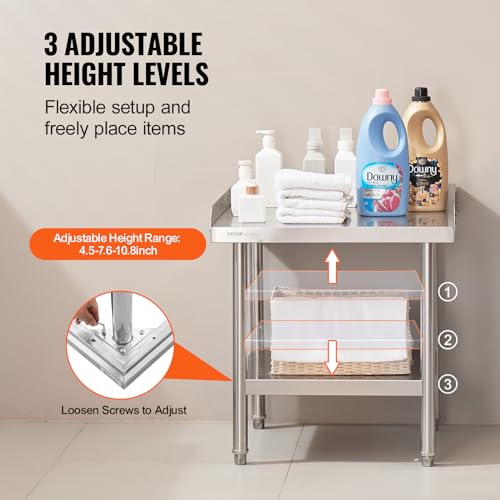 VEVOR Arbeitstisch Edelstahl, gewerblicher Arbeitstisch zur Lebensmittelzubereitung, 3-seitiger Spritzschutz, 61 x 61 x 66 cm