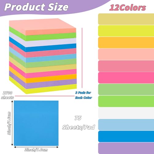 Image of 36 PCS Sticky Notes Bulk 3x3 Inch 12 Colors Colorful Memo Pads