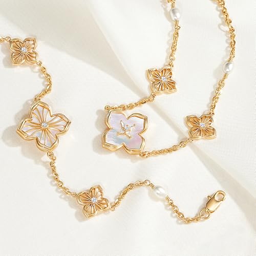 Fettero Gold Bracelets for Women Pearl Clover Charm Bracelet 14K Gold Plated 2 Sided Four Leaf Flower Dainty Chain Clover Bracelet Jewelry4