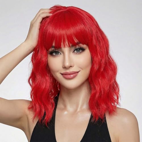 Image of Pastel Dark Red Wavy Bob Wig for Women, Short Shoulder Length Synthetic Wig with Bangs, Matte Natural Realistic Look Lightweight Hairpiece, Red Color for Daily Wear & Cosplay Costume