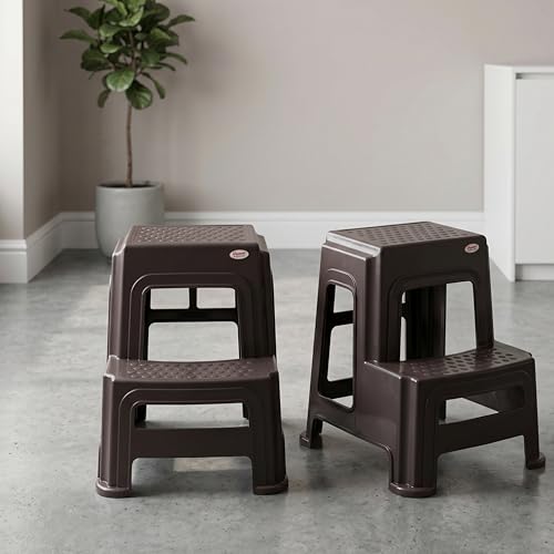 Image of Oaknest Supreme Multipurpose Plastic 2-Step Stool for Kids & Adults - Anti-Slip Lightweight Stepping Stool for Kitchen, Bathroom & Home - Wenge, 2 Piece