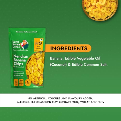 Image of Sweet Karam Coffee Nendran Banana Chips - 200 grams | Made with 100% Coconut Oil | No Preservatives | Kerala Special Crispy, Thin Sliced Yellow Plantain Wafers | Healthy Tea Time Snack (Pack of 3)