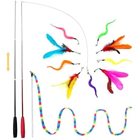 FYNIGO Cat Feather Toys,Interactive Cat Toys for Indoor Cats Adult Kitten,2 Retractable Cat Teaser Wand and 1 Cat Rainbow String Wand with 9 Refills and 2 Spare Hook(14 Pack) Cover