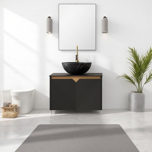Image of 24 inch Bathroom Vanity with Sink, Wall-Mounted Bathroom Vanity with Black Bowl Ceramic Vessel Basin, Modern Plywood Floating Vanity with Twill Double Doors, Bathroom Storage Cabinet, Black