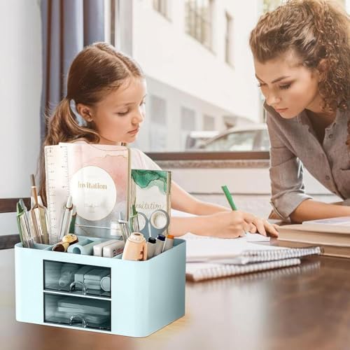 Image of NXTBUY Plastic Desk Organizer with Drawer | Desktop Office Stationery Storage Box | Desk Accessories Organizer | Mobile Phone Holder | Table Organizer for Study & Office Use (Blue)
