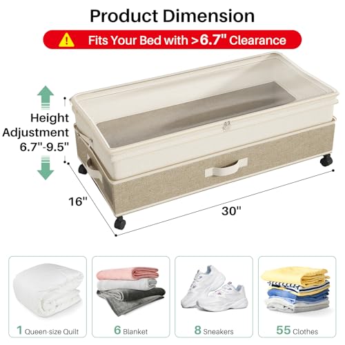 Image of Kitstorack 2Pack Height-adjustable Under Bed Storage with Wheels, Under Bed Storage Containers,Under Bed Shoe Storage Organizer with Clear Window&Label, Suitable for Clothes Storage, Beige & Linen