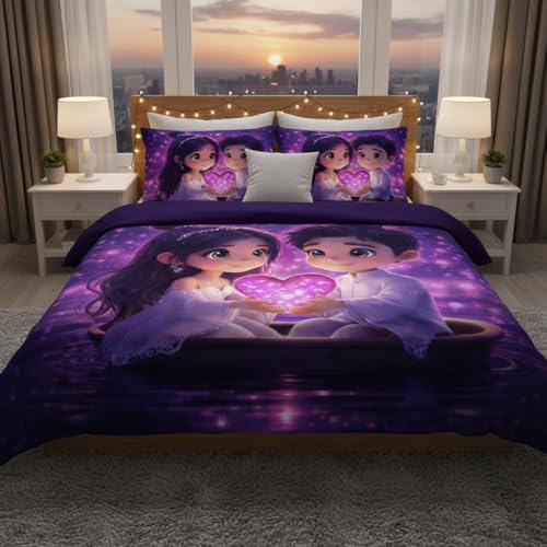 Image of Decor Well 7d Bedsheet for Double Bed King Size with 2 Pillow Covers, Polycotton 220 TC Super Soft & Breathable, Wrinkle Free New Purple Heart Printed Bedsheet Set (90x100 Inch)