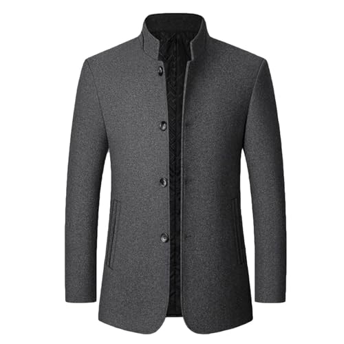 Image of Men's Wool Trench Jacket & Coat Warm Quilted Single Breasted Band Collar Long Sleeve Winter Button Fit Slim Peacoat