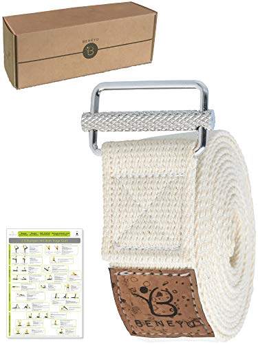 beneyu® Innovador Correa Yoga | Largo Cinturon Yoga - Made in Germany | Cómodo Algodón 100% con un Nuevo Cierre Metálico Antideslizante | Yoga & Pilates | 250x3,8cm | +PDF