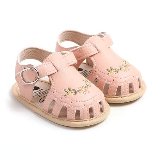 Caziffer Baby Girl Sandals PU Leather Non-slip Embroidery Flower Summer Flats Toddler Shoes for Casual Daily (Pink, 6-12 Months)