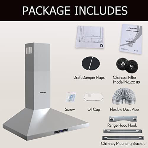 Firegas Range Hood 30 Inch,Wall Mount Range Hood In Stainless Steel With Ducted/Ductless Convertible,Stove Vent Hood With Permanent Filters,3 Speed Exhaust Fan,Led Lights,Touch Control #TOP6