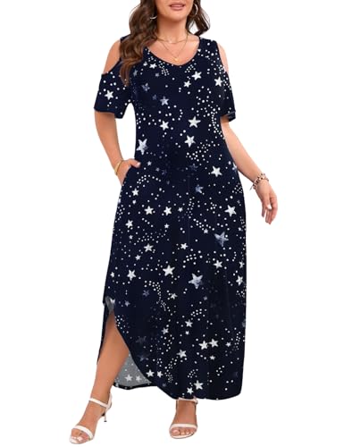 Image of JollieLovin Womens Plus Size Casual Summer Maxi Long Dress Cold Shoulder V Neck Beach Sundresses