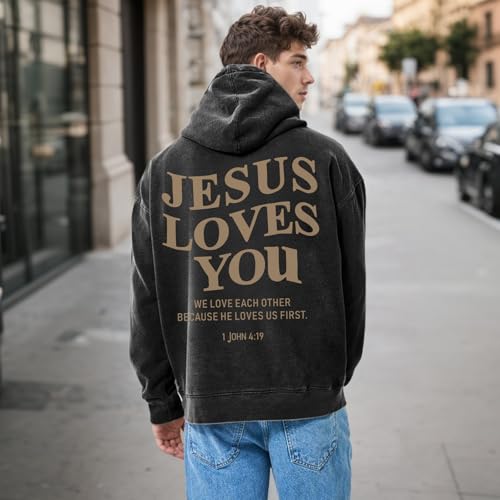 Mens Jesus Loves You Christian Hoodies God Bible Verse Faith Religious Sweatshirts Oversized Acid Wash Graphic Shirt3