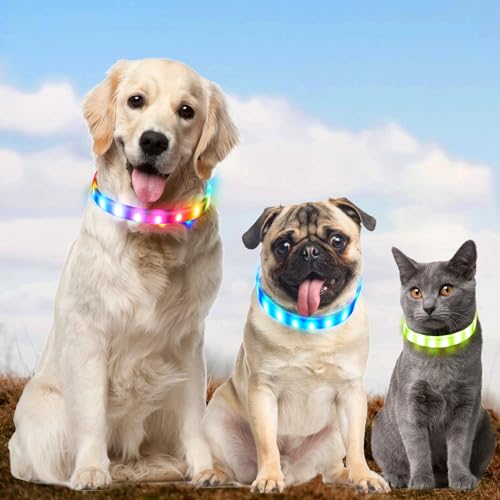 AUAUY LED Leuchthalsband Hund, USB Aufladbar Längenverstellbarer Haustier Sicherheit Silikon Kragen Zuschneidbares Wasserdicht Hundehalsbänder mit 9 Leuchtmodi für Hunde und Katzen