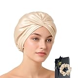 Seidenhaube Zum Schlafen, Schlafhaube Seide Für Locken, Bonnet Sleep Cap Mit Satin Haarband, silk bonnet, Inklusive Geschenkbox, Ideal Für Lange Haare Und Lockenpflege (23 cm x 26 cm, Champagner)
